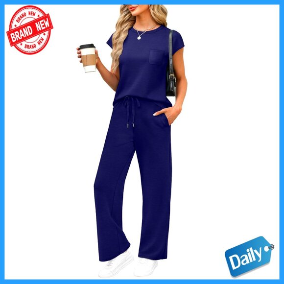 Pants - Women's 2-Piece Lounge Set, Cap Sleeve Top & Wide Leg Pants, Size Small